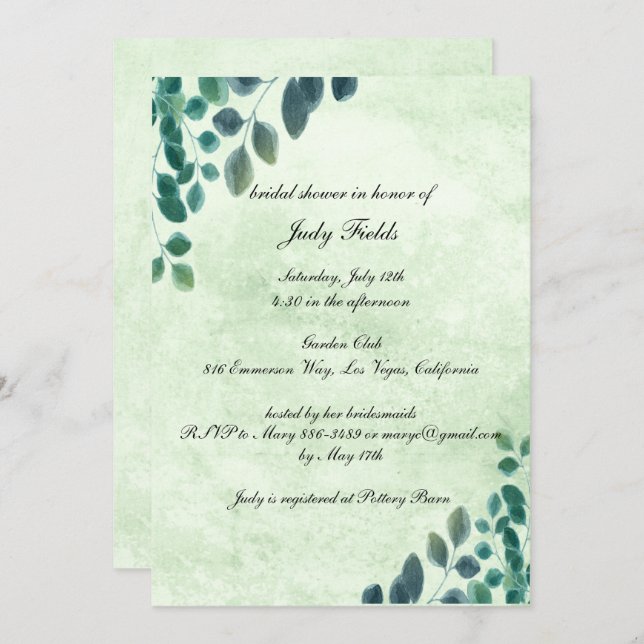 Watercolor Greenery Eucalyptus Leave Bridal Shower Invitation (Front/Back)
