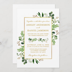 Watercolor Greenery Eucalyptus Photo Gold Wedding Invitation