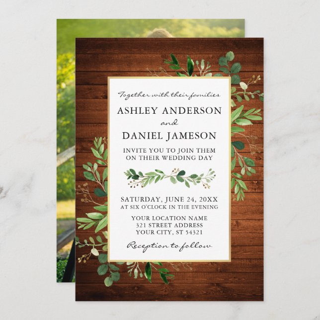 Watercolor Greenery Eucalyptus Photo Wood Wedding Invitation (Front/Back)