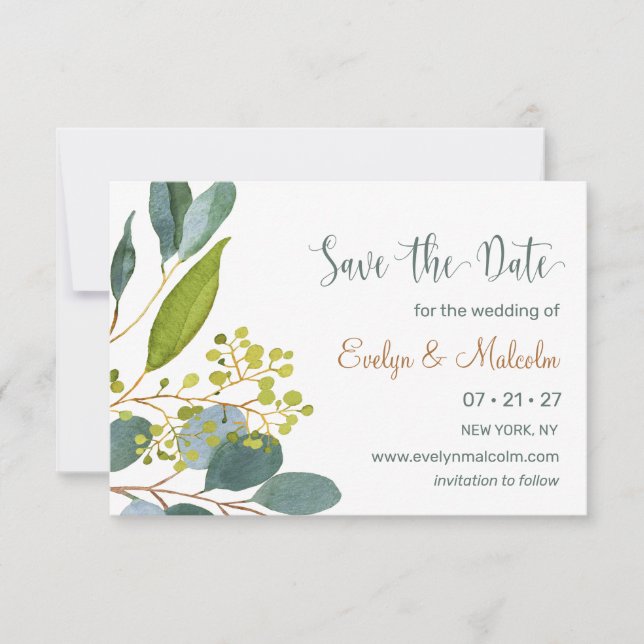 Watercolor greenery, eucalyptus Save the Date (Front)