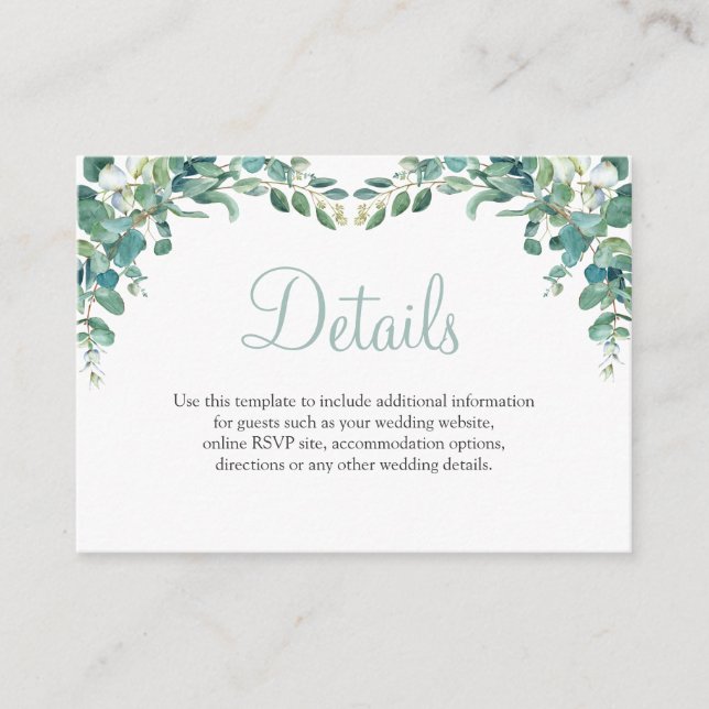 Watercolor Greenery Eucalyptus Wedding Details Enclosure Card (Front)