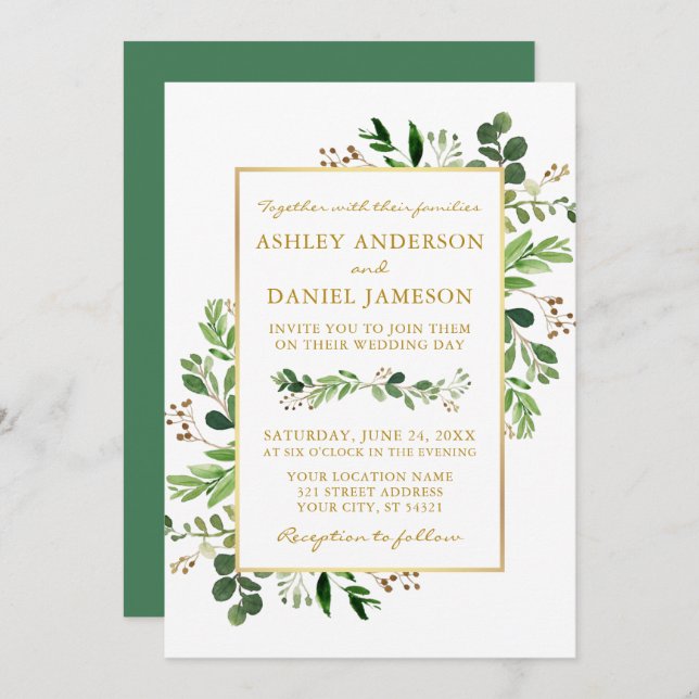 Watercolor Greenery Eucalyptus Wedding Gold Invitation (Front/Back)