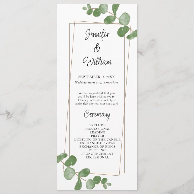 Watercolor Greenery Eucalyptus Wedding Program Programme (Front)