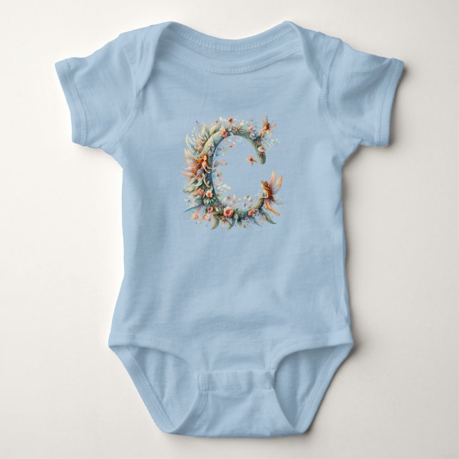 Watercolor Greenery Fairies Monogram Letter C Baby Bodysuit (Front)