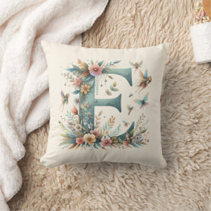 Watercolor Greenery Fairies Monogram Letter E Cushion