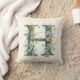 Watercolor Greenery Fairies Monogram Letter H Cushion