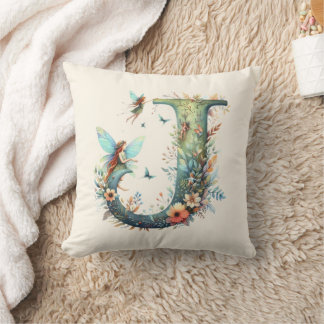 Watercolor Greenery Fairies Monogram Letter J Cushion