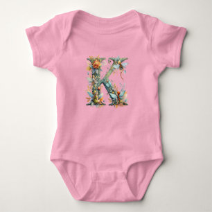 Watercolor Greenery Fairies Monogram Letter K Baby Bodysuit
