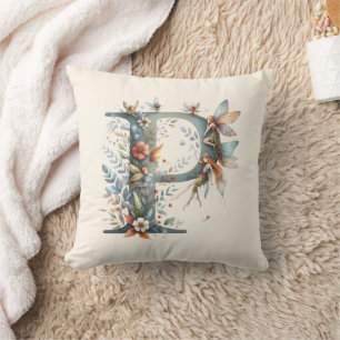 Watercolor Greenery Fairies Monogram Letter P Cushion