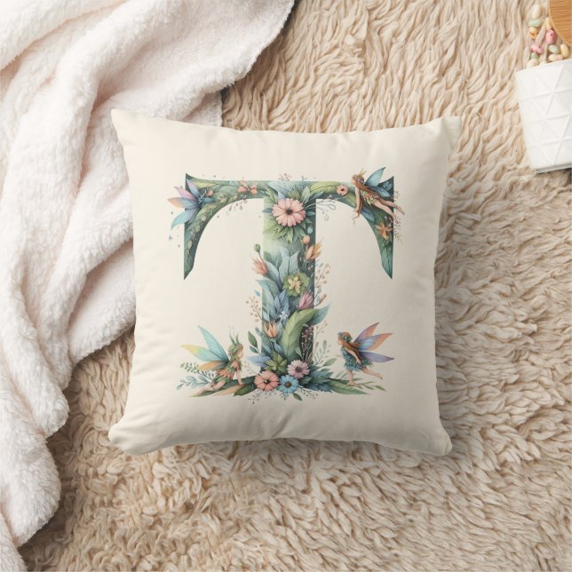 Watercolor Greenery Fairies Monogram Letter T Cushion (Blanket)
