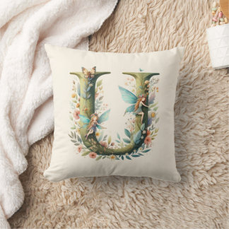 Watercolor Greenery Fairies Monogram Letter U Cushion