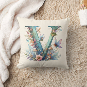 Watercolor Greenery Fairies Monogram Letter V Cushion
