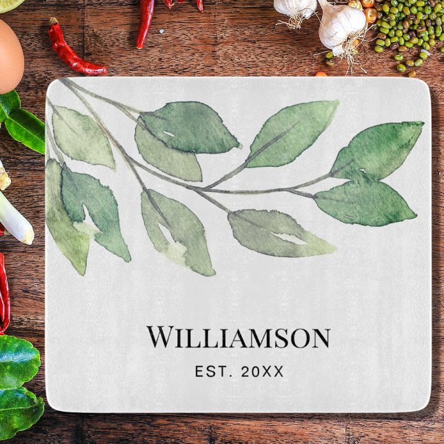 Watercolor Greenery Family Name  Cutting Board (Creator Uploaded)