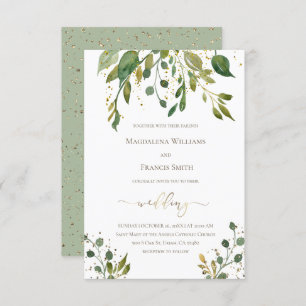 watercolor greenery faux gold details wedding invitation