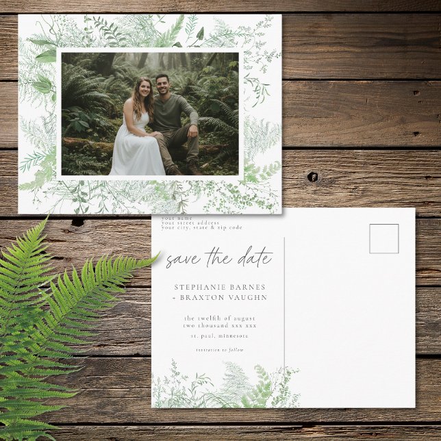 Watercolor Greenery Fern Rustic Save Date Photo Postcard (Watercolor Greenery Fern Rustic Save Date Photo Postcard)