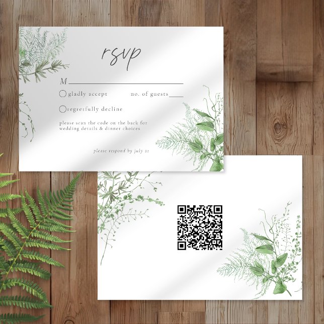 Watercolor Greenery Fern Rustic Wedding QR RSVP Card (Creator Uploaded)