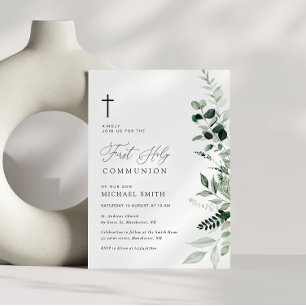 watercolor greenery first communion invitation