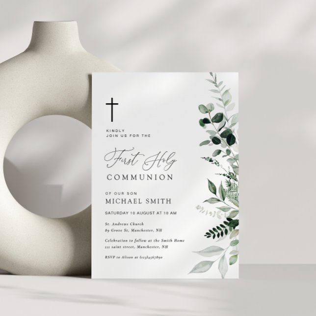 watercolor greenery first communion invitation (Creator Uploaded)