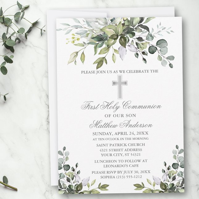 Watercolor Greenery First Communion Silver Invitation (Customize to change text color, size, style or to add photos or more text to back of card.)
