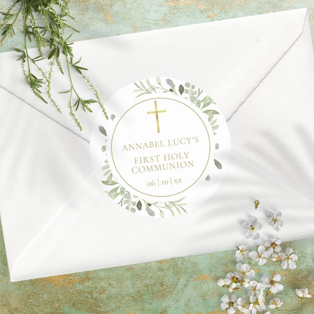 Watercolor Greenery First Holy Communion Classic Round Sticker (Creator Uploaded)