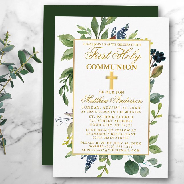 Watercolor Greenery First Holy Communion Gold Invitation (Customize to change text color,  size, style or to change color of back of card.)