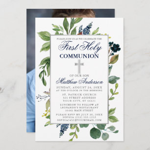 Watercolor Greenery First Holy Communion Photo Invitation