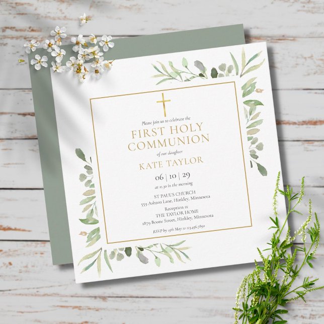 Watercolor Greenery First Holy Communion Square Invitation (Creator Uploaded)