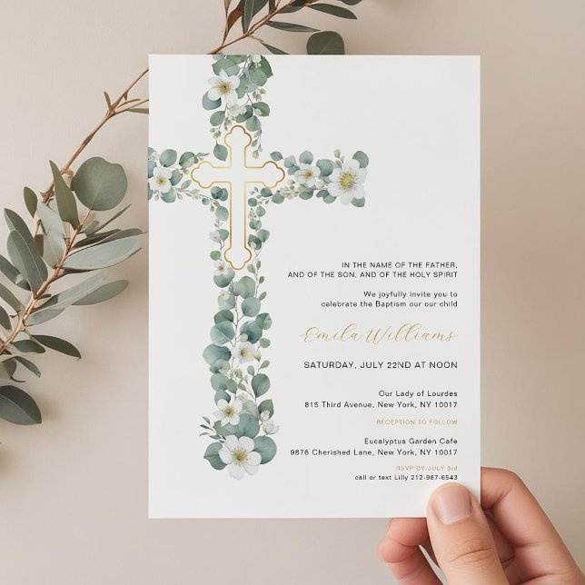 Watercolor Greenery Floral Baptism Invitation  (Foliage Gold Cross Baptism Invitation)