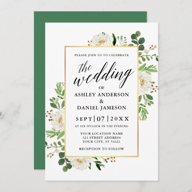Watercolor Greenery Floral Calligraphy Wedding Invitation (Front/Back)