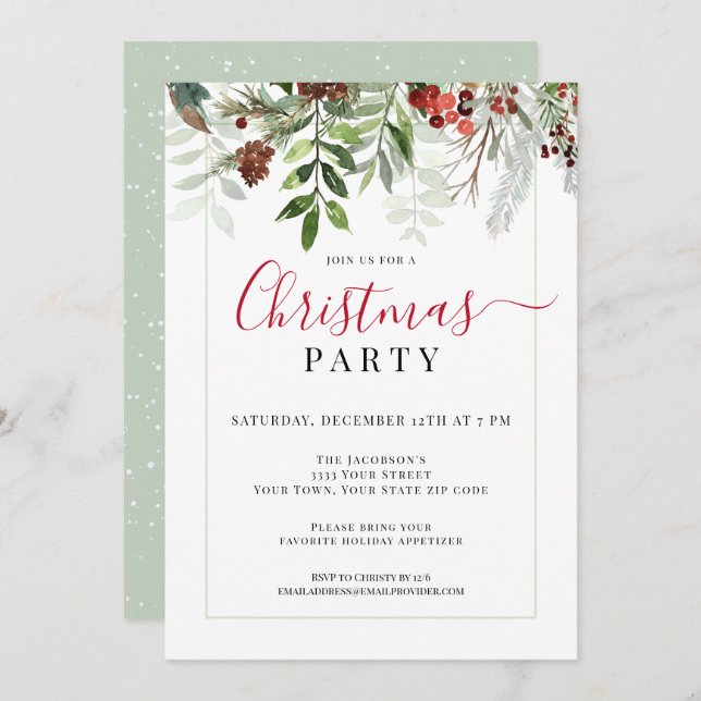 Watercolor Greenery Floral Christmas Party Invitation (Front/Back)