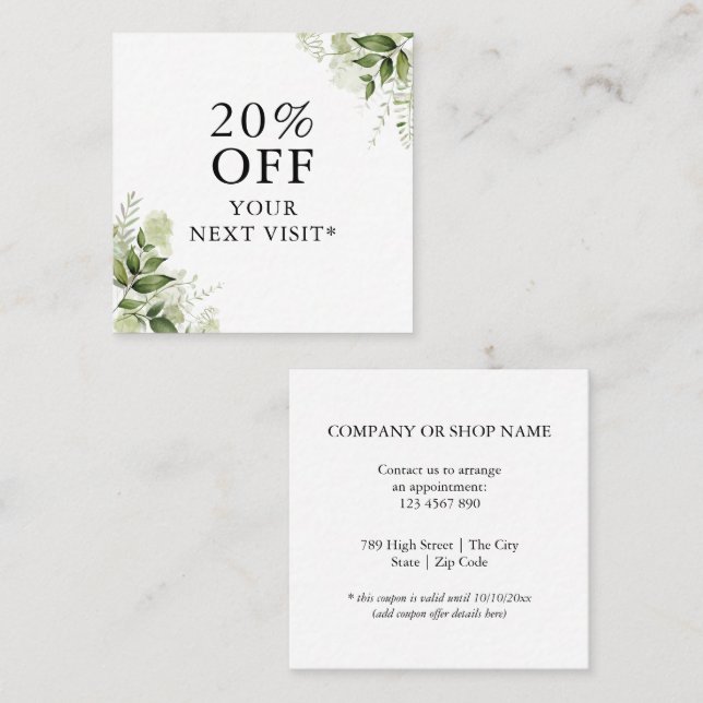 Watercolor Greenery Floral Discount Card (Front/Back)