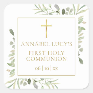 Watercolor Greenery Floral First Holy Communion Square Sticker