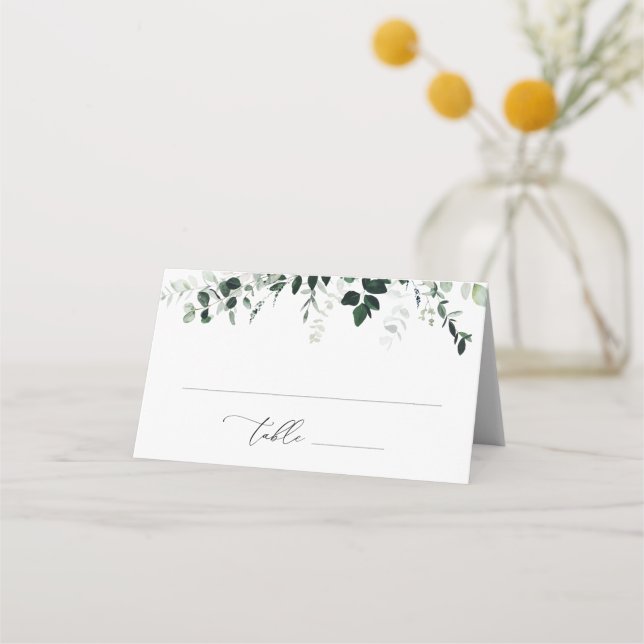 Watercolor Greenery Floral Folded Wedding Place Card (Front)