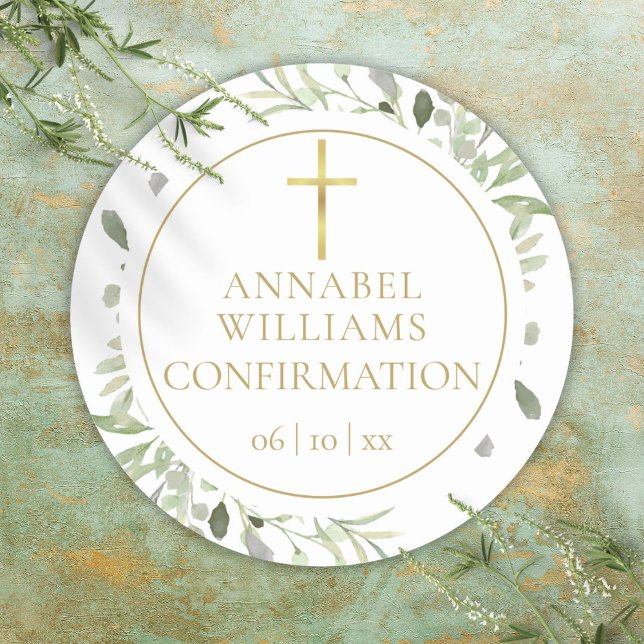 Watercolor Greenery Floral Gold Confirmation Classic Round Sticker (Watercolor Greenery Floral Gold Confirmation Classic Round Sticker)