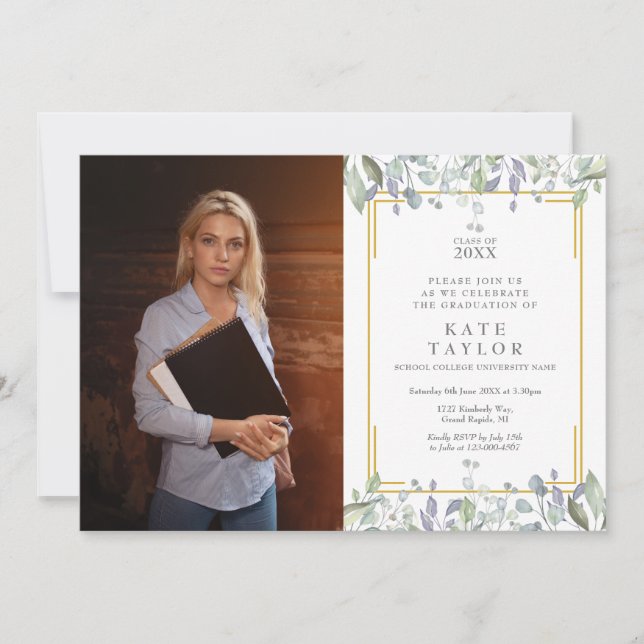 Watercolor Greenery Floral Graduation Party Photo Invitation (Front)