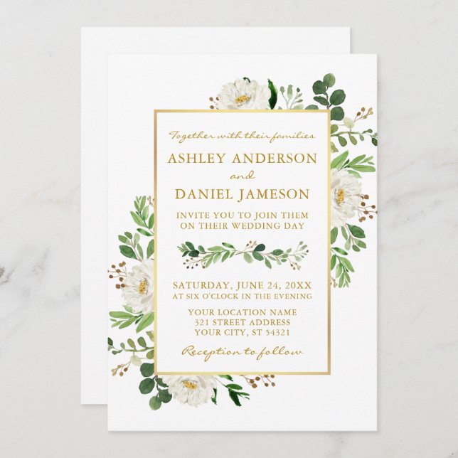 Watercolor Greenery Floral Photo Wedding Gold Invitation (Front/Back)