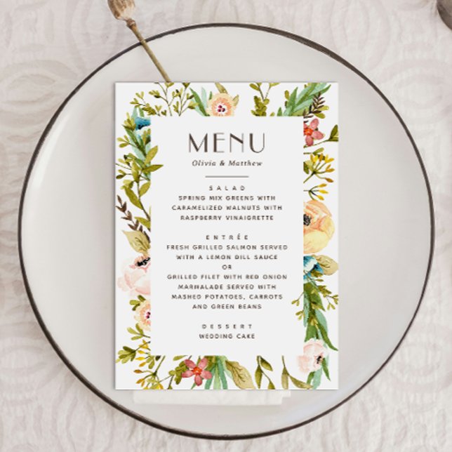 Watercolor greenery floral summer rustic wedding menu (Creator Uploaded)