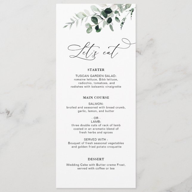 watercolor greenery floral wedding  menu (Front)