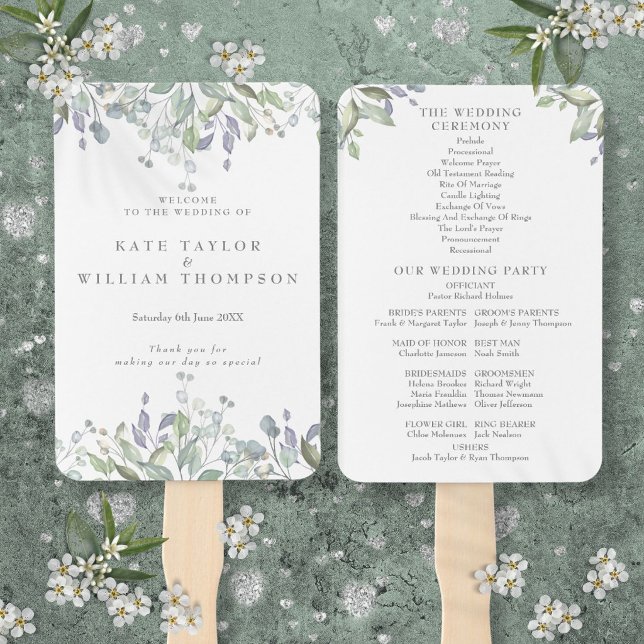 Watercolor Greenery Floral Wedding Program Hand Fan (Watercolor Greenery Floral Wedding Program Hand Fan)