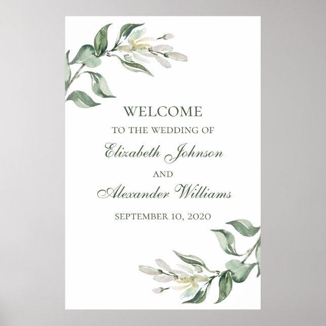 Watercolor greenery floral wedding welcome sign (Front)