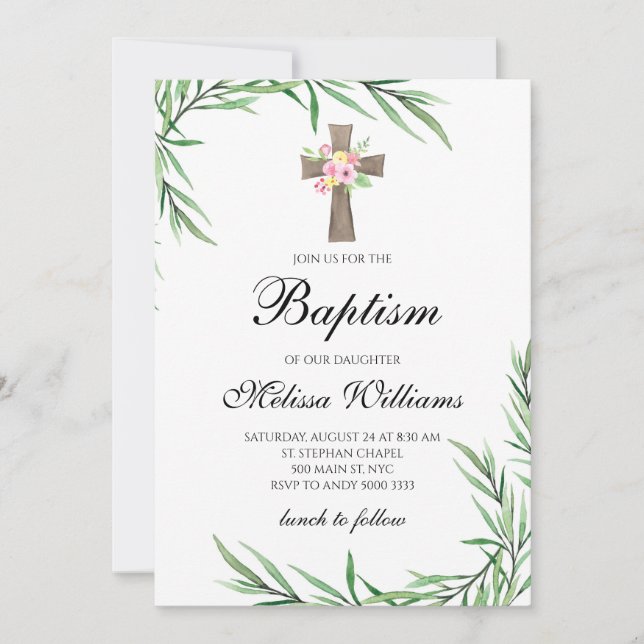 Watercolor Greenery Flowers Girl Baptism Invitation (Front)