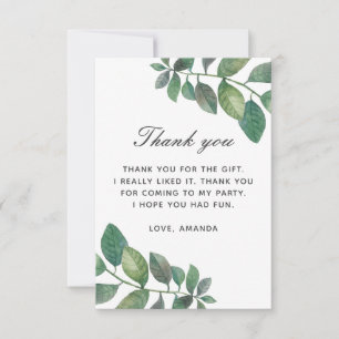 Watercolor greenery foliage. Botanical birthday Thank You Card