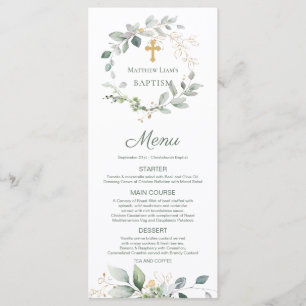Watercolor Greenery Foliage Cross Baptism Menu