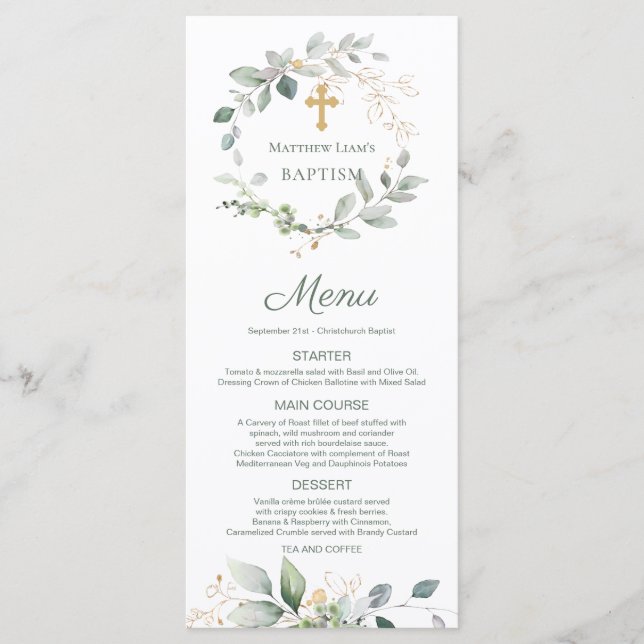 Watercolor Greenery Foliage Cross Baptism Menu (Front)