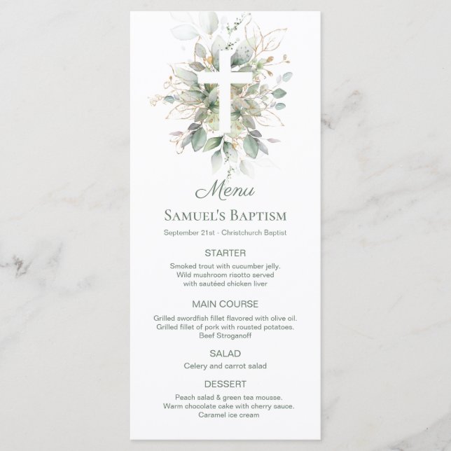 Watercolor Greenery Foliage Cross Baptism Menu (Front)