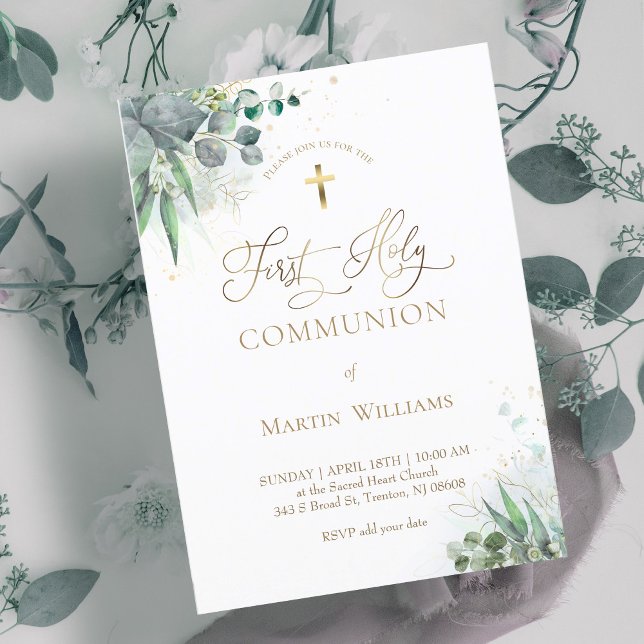 watercolor greenery foliage | First Communion  Invitation (Creator Uploaded)
