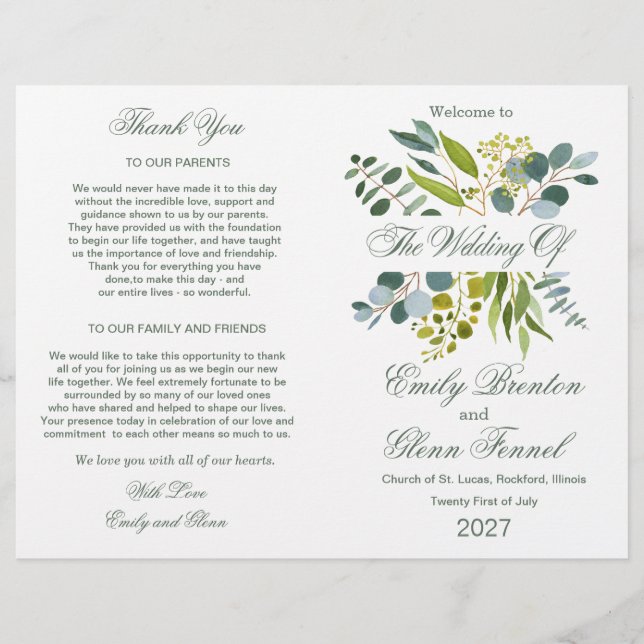 Watercolor greenery foliage Folded Wedding Program (Front)