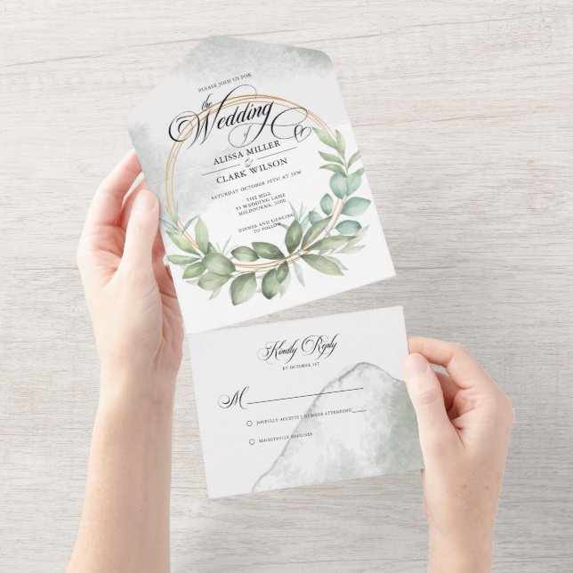 Watercolor Greenery Foliage Frame Wedding  All In One Invitation (Tearaway)