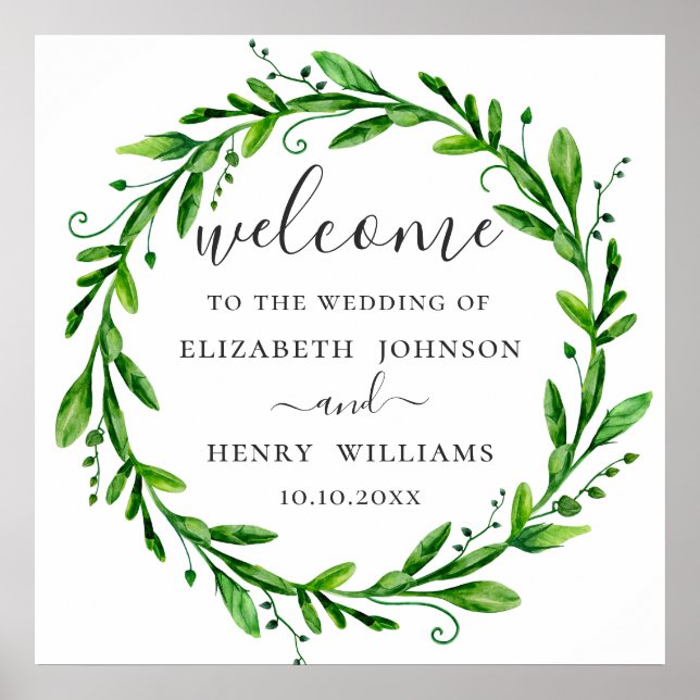 Watercolor greenery foliage. Green wedding welcome Poster (Front)