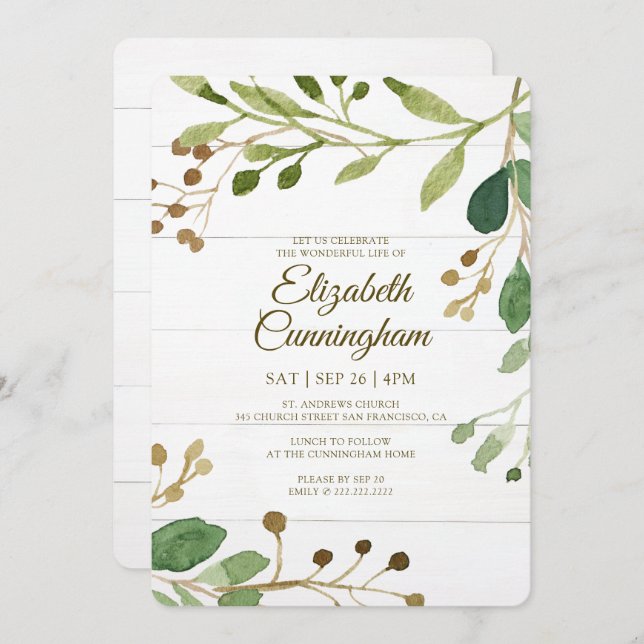Watercolor Greenery Foliage Greenery Memorial Invitation (Front/Back)
